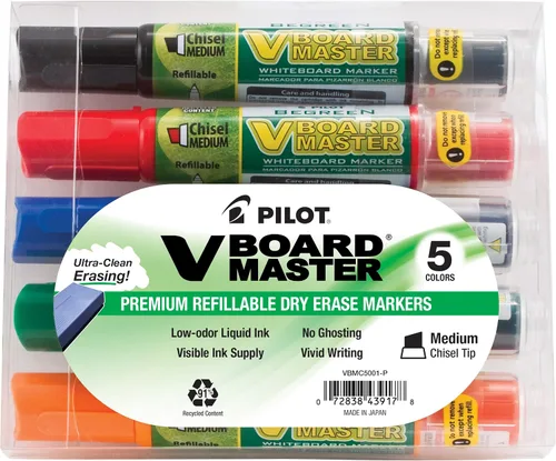 PILOT V Board Master - Marcadores recargables de borrado en seco, punta de cincel mediano, tintas de colores surtidos, 5 unidades