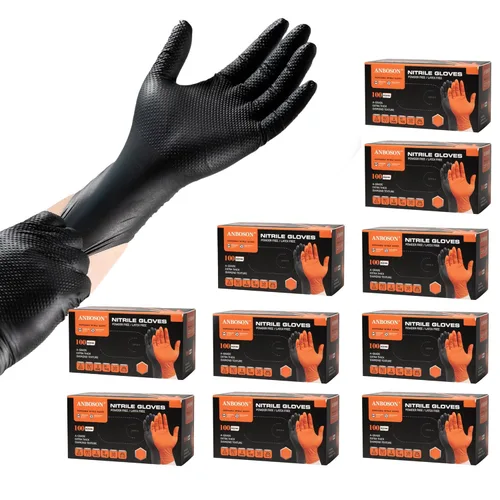 Miniatura 11 de ANBOSON Guantes de nitrilo desechables de 10 mil de goma negra resistente a los productos químicos, guantes de mecánico resistentes, sin látex