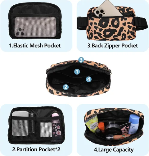 Miniatura 3 de VOROLO Riñonera para mujeres y hombres, bolsa cruzada, bolsa de cinturón con correa ajustable, Talla única Leopardo amarillo con cuerda