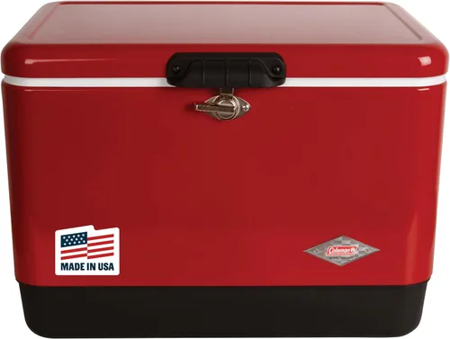 Coleman Vintage 54qt Steel Belted Cooler, Keeps Ice Up to 4 Days, 85-Can Capacity Hard Cooler with Drain & Have-A-Seat Lid Rojo