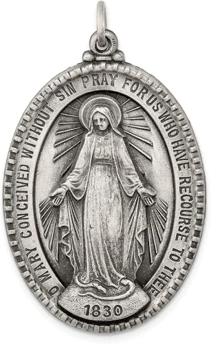 Colgante de plata de ley 925 con diseño vintage de Virgen María antigua y reza por nosotros, medalla milagrosa, medalla de maría, 1.693in x 1.024in,