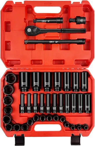 Miniatura 13 de WETT Juego de llaves de 1/4" y 3/8", juego de enchufes de 86 piezas con trinquete de liberación rápida, barra de extensión, adaptador, bits de 1/4