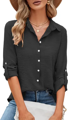 Miniatura 72 de Odosalii - Camisas con botones para mujer, con cuello en V, manga larga, enrolladas, blusas elegantes y formales para negocios y ocasiones casuales