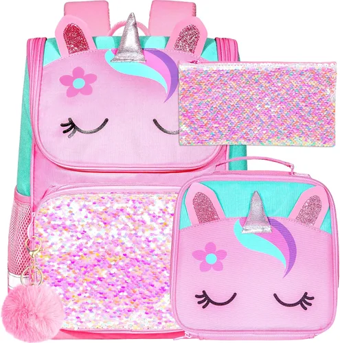KLFVB Mochila de 3 piezas para niñas y niños, bolsa de libros de dinosaurio de unicornio de 15 pulgadas con lonchera, bolsa escolar preescolar para