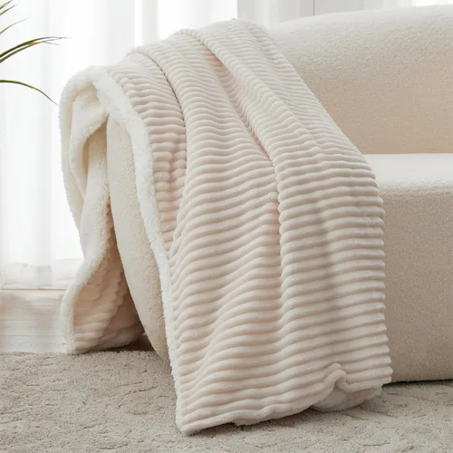 Miniatura 6 de Manta Sherpa para sofá, súper suave y gruesa, manta blanca, mantas cálidas para invierno, manta mullida para sofá cama, forro polar a rayas, crema