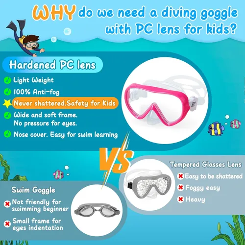 Miniatura 5 de Máscara de natación para niños, máscara de buceo de esnórquel de 180°, gafas de natación antivaho para niños con cubierta para la nariz, gafas