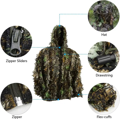 Miniatura 6 de Zicac Outdoor – Traje de camuflaje Ghillie 3D con hojas para caza al aire libre – Ropa de camuflaje para la jungla y bosque
