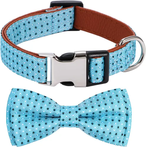 Collar de Perro con Pajarita Patrón a Cuadros Azul Cielo con Pajarita para Perros Niño Niña Mediano C1_Checkered_Azul cielo
