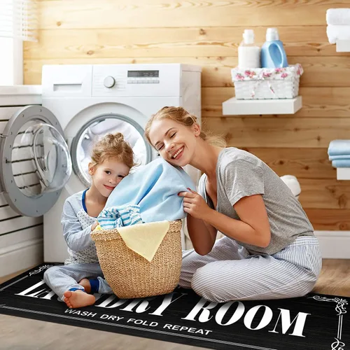 Miniatura 4 de Alfombra antideslizante para lavandería, decoración de lavandería, alfombra lavable para lavandería, baño, vestíbulo, cocina, 17 x 47 pulgadas, Negro