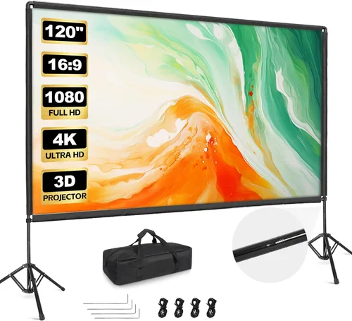 Pantalla de proyector para exteriores con soporte, soporte de pantalla de proyector portátil de 120 pulgadas con barra de cuerda elástica, pantalla