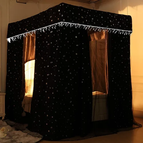 Miniatura 12 de Obokidly Elegante cortina opaca de estrella negra con borde de bola blanca de 4 postes en las esquinas, decoración de dormitorio para adultos