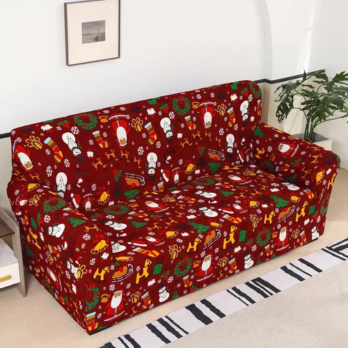 Miniatura 6 de Anibedding - Funda estampada de Navidad roja para sofá de 2 cojines, funda elástica con renos y copos de nieve para sofá, funda de sofá lavable a