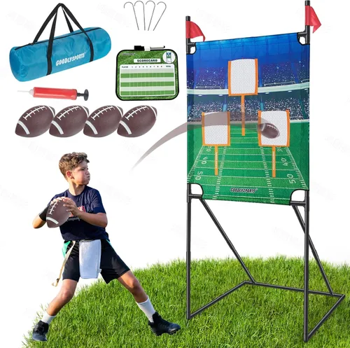 GOODLYSPORTS Juego de lanzamiento de fútbol americano con 4 pelotas inflables + diana de lanzamiento de 66" - práctica de diana de fútbol americano