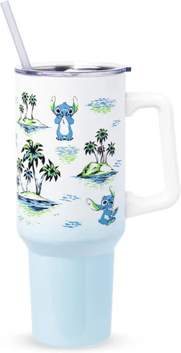 Miniatura 18 de Silver Buffalo Disney Lilo and Stitch Aloha - Vaso de acero inoxidable de doble pared con asa y pajilla, se adapta al portavasos estándar, 40 onzas