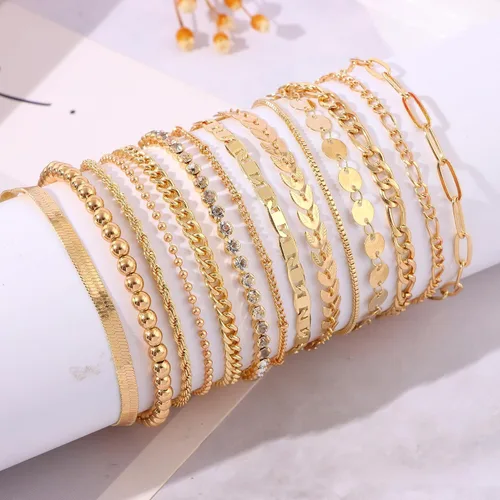 Miniatura 5 de SAMOCO Juego de 14 pulseras de cadena de oro para mujer, chapados en oro de 14 quilates, pulseras apilables de oro de moda, regalos de joyería