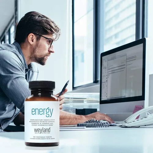 Miniatura 5 de Energía, formula complementaria con cafeína botánica, completa B-Complex y hierbas de apoyo para energía de Weyland, 1 botella