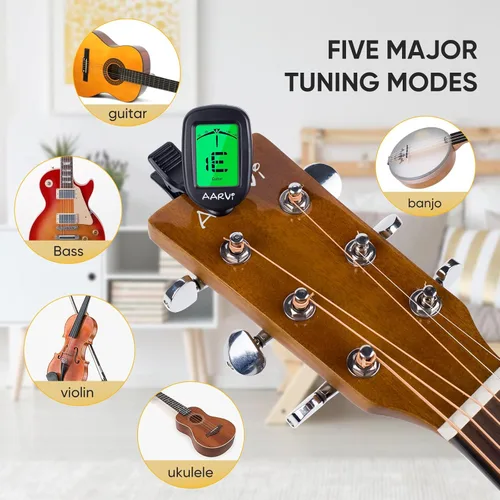 Miniatura 3 de AARVI Afinador de guitarra con clip para todos los instrumentos, guitarra acústica/eléctrica, ukelele, bajo, violín, banjo, pantalla LCD grande