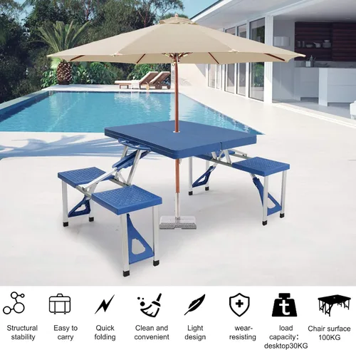 Miniatura 9 de Mesa de picnic plegable portátil de 4 pies con asientos sillas y agujero para paraguas, ligera y compacta de aluminio al aire libre, camping, patio