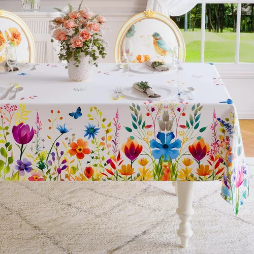 Miniatura 7 de Softalker Mantel rectangular de primavera – Mantel decorativo impermeable con patrón floral de Pascua, resistente a las manchas, sin arrugas