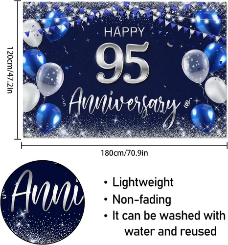 Miniatura 2 de Cartel de fondo de feliz 95 aniversario, decoración plateada con purpurina de 95 años, decoración temática de fiesta de aniversario de boda