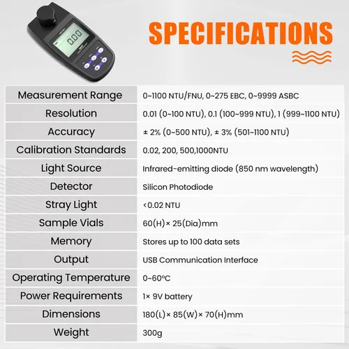Miniatura 4 de Medidor de turbidez digital con rangos (0 ~ 1100 NTU/FNU, 0 ~ 275 EBC, 0 ~ 9999 ASBC) Probador de turbidez de mano con modos simples y continuos