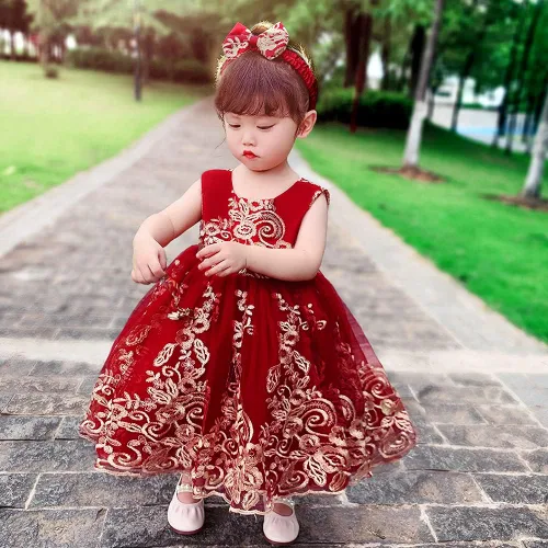 Miniatura 6 de 0-6T - Vestido de tutú de encaje bordado con lentejuelas y lazo grande para fiestas de bebé y niñas pequeñas con tocado