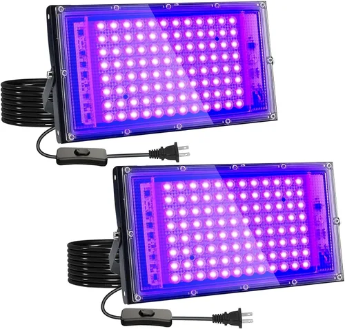 Paquete de 2 luces negras UV de 100 W, IP65 impermeable, luz de fiesta brillante, iluminación de escenario, Halloween, pintura corporal, póster