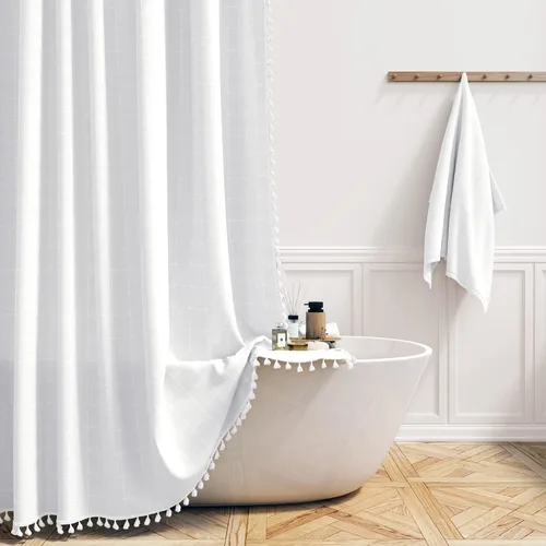 BTTN - Cortina de tela para ducha, bohemia y larga, campestre, estilo rústico chic, para baño, ultragruesa, con ganchos de plástico, de lino, Blanco