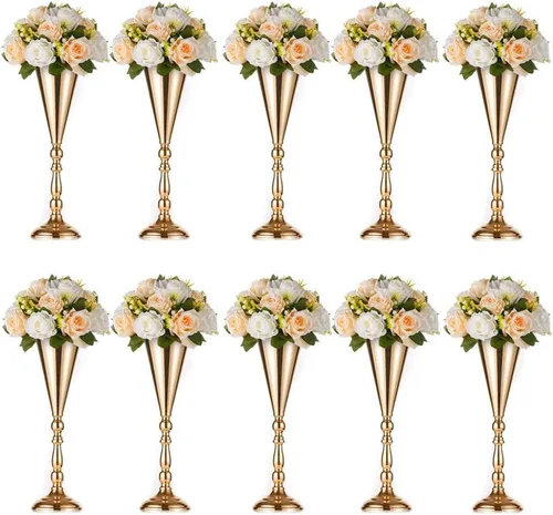 Miniatura 12 de Sziqiqi Juego de 2 centros de mesa altos metálicos para mesas de recepción de boda Florero dorado con soporte Decoración de base para fiestas