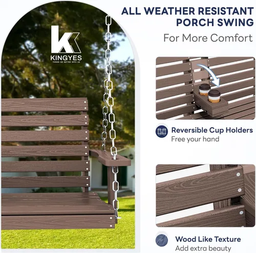 Miniatura 60 de KINGYES Columpio colgante para porche al aire libre, silla de columpio de patio de 2 asientos con portavasos, banco impermeable para patio y jardín