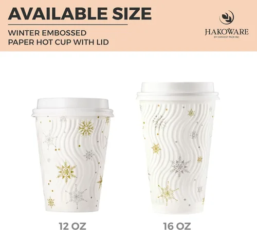 Miniatura 8 de Harvest Pack - Juego de 100 tazas de café desechables de Navidad de 12 onzas con tapas, tazas de papel caliente aisladas con copos de nieve blancos