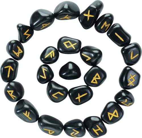 Crocon Piedras preciosas de turmalina negra Alfabeto Futhark Alfabeto Grabado Runa Piedra 25 Piezas Set para Feng Shui Chakra Equilibrio Reiki