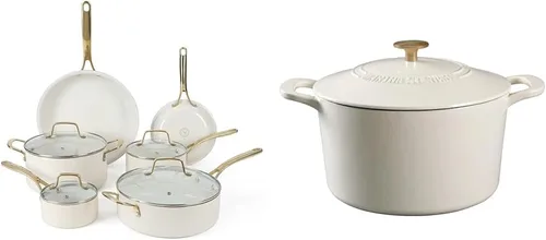 Martha Stewart Lockton - Juego de ollas y sartenes de aluminio esmaltado de calibre pesado, antiadherentes, sin PFA, 10 piezas, color blanco lino