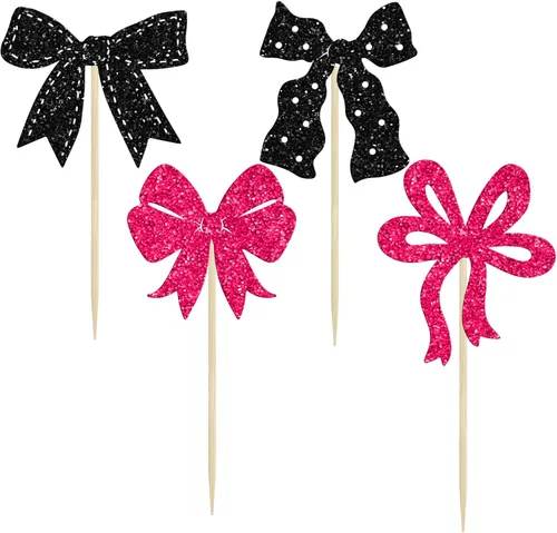 Miniatura 3 de Ephlyn 24 Piezas Adornos para Cupcakes con Lazo Rosa - Decoraciones de Cupcakes con Moño para Nupcial, Baby Shower, Fiesta Temática de Boda - Negro