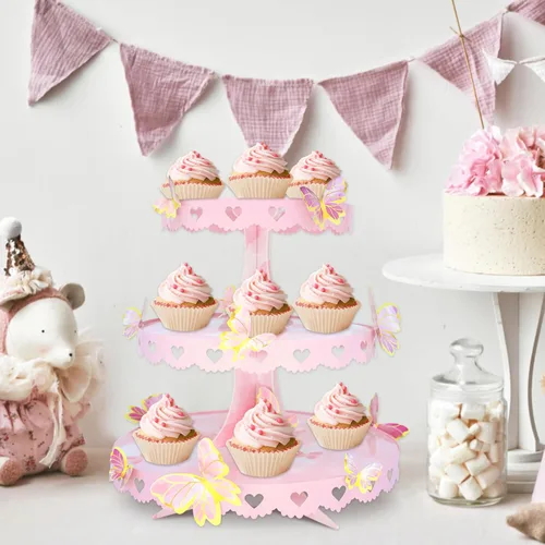 Miniatura 2 de Soporte para cupcakes de mariposa de 3 niveles, decoración de mariposa rosa, soporte para cupcakes de princesa, torre de postre para bodas