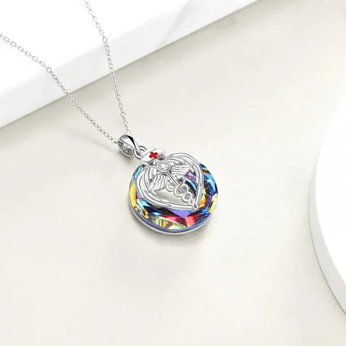Miniatura 3 de YFN Collar con colgante de plata de ley con temática de ángel caduceo de 17.7in (collar de enfermera) (collar de enfermera)