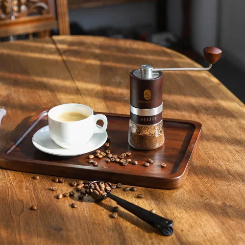 Miniatura 5 de Molinillo de café manual de alta calidad, fabricado con madera de haya auténtica; molinillo de café de mano con molino de rebabas de acero Marrón