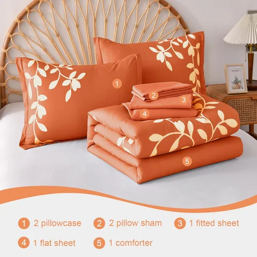 Miniatura 6 de Juego de edredón tamaño Queen de 7 piezas - Juego de edredón con estampado floral botánico en naranja, juego de edredón Queen con sábanas, ropa
