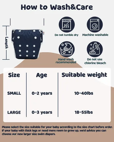 Miniatura 18 de Alva, Pañales de bebé para nadar, paquete de 2 unidades, talle único, reutilizable, lavable y ajustable de 0 a 36 meses. Tamaño de 10 a 40 lbs