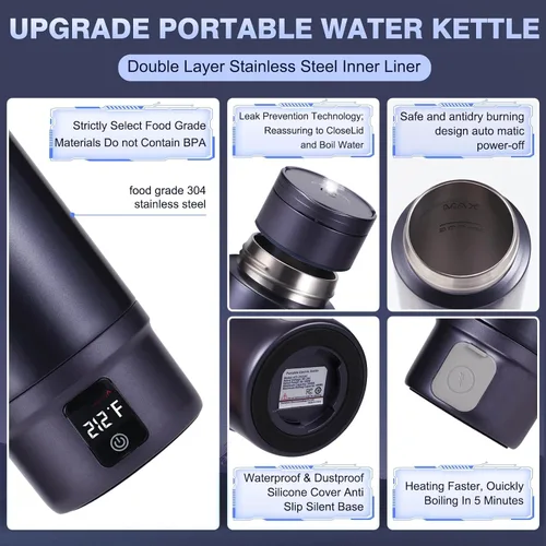 Miniatura 4 de Hervidor eléctrico portátil con aislamiento al vacío, vaso de acero inoxidable Miicasa, hervidor eléctrico pequeño, caldera de agua de viaje con 6