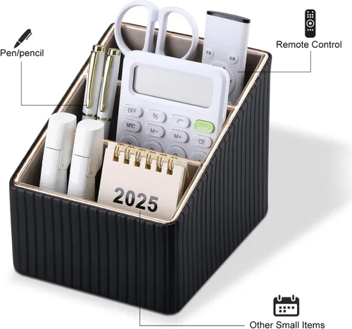 Miniatura 5 de KINGFOM Organizador de 3 ranuras de cuero sintético PU para control remoto, caja de almacenamiento de artículos diversos para el hogar