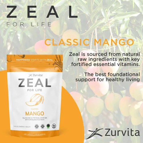 Miniatura 4 de Zurvita Zeal for Life Mezcla para Bebida de Bienestar - Sabor Mango - Sin Gluten, Vegana, con Biotina, Vitaminas B12, C, D, E, Hierro, Magnesio - 30