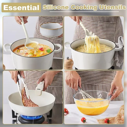 Miniatura 4 de LIANYU Juego de 14 utensilios de cocina con soporte, juego de utensilios de cocina de silicona, incluye espátula, cuchara, pinzas para voltear