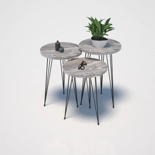 Miniatura 4 de Juego de 3 mesas auxiliares anidables de mármol gris, mesas auxiliares redondas apilables de madera con patas de metal para sala de estar, oficina