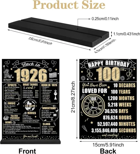 Miniatura 2 de Decoración de cumpleaños número 100 para hombres y mujeres, póster de mesa de madera de dos caras con soporte para fiestas, soporte para exhibición