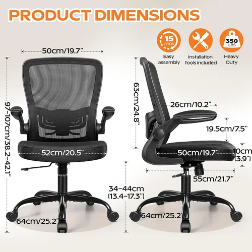 Miniatura 3 de Silla de oficina ergonómica 2026 – Silla de escritorio de malla con reposabrazos abatibles, altura ajustable y lumbar, cómodas sillas de computadora