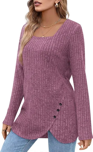 Miniatura 2 de BZB Suéteres para mujer Otoño 2023 Ligero Manga Larga Cuello Cuadrado Túnica Tops