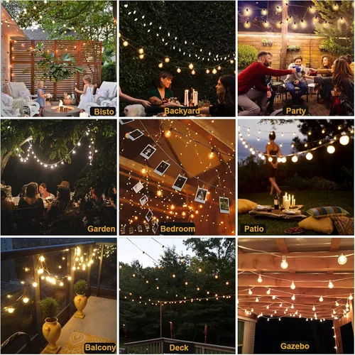 Miniatura 5 de Cadena de luces LED G40 de 50 pies para exteriores, luces de patio, conectables, impermeables, 27 bombillas inastillables (2 extra), 25 luces Negro