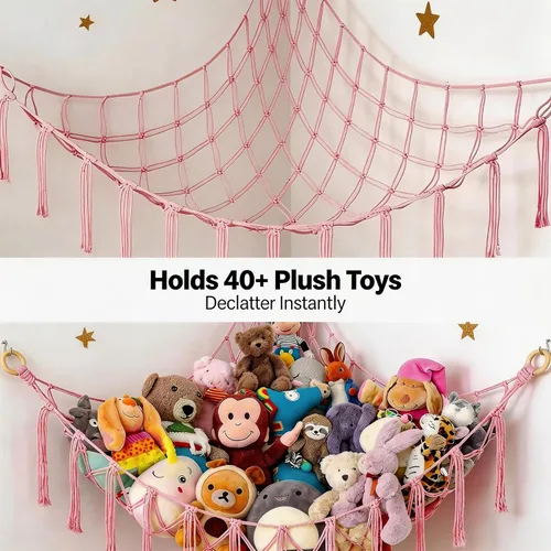 Miniatura 2 de Hamaca de almacenamiento de animales de peluche colgante rosa, organizador de red grande para cosas de animales, lindos muebles, organización