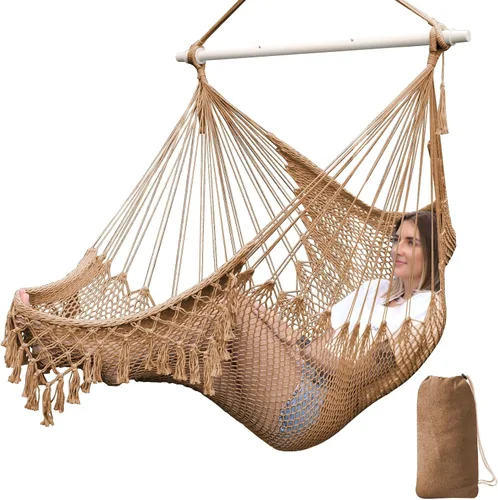 Chihee Silla hamaca hecha a mano, silla colgante de cuerda de algodón, asiento colgante de hilado suave, columpio grande y elástico, plegable y